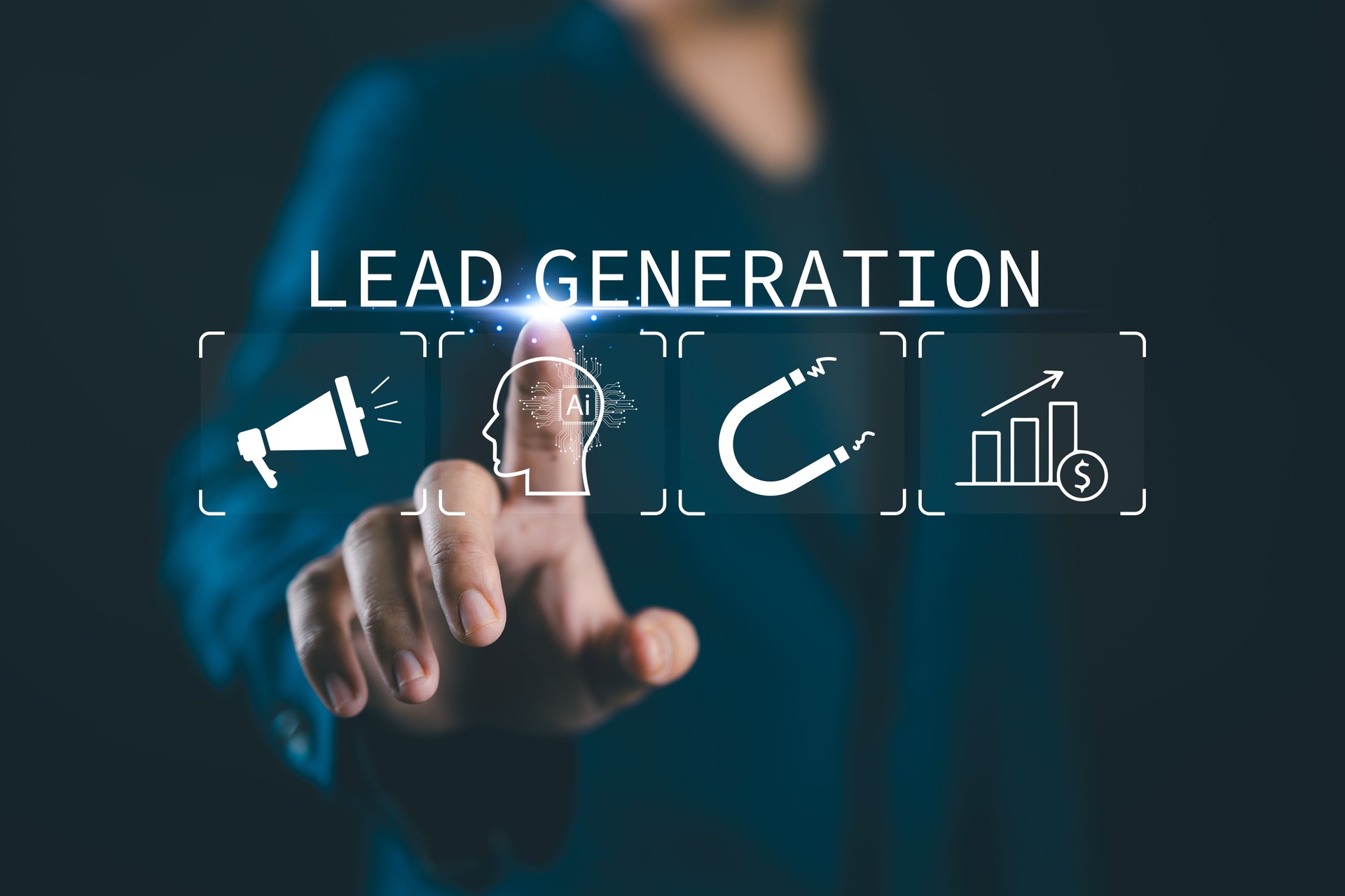 Lead Generation concept, Finding and identifying customers for business products or services. Businessman touching lead generation icon on virtual screen.